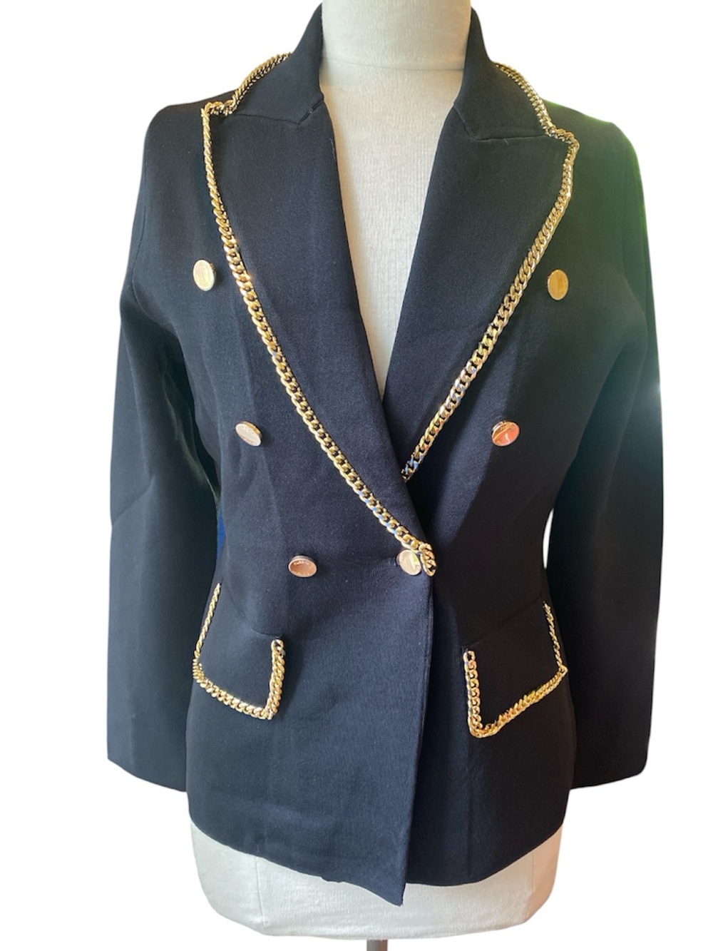 Aleeza Paris Odette Jacket XL, double breasted blazer black, gold chain detail - Picture 2 of 10